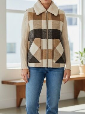 Sanctuary Brown Plaid Mixed Media Sherpa Vest NWT Size Large Cozy